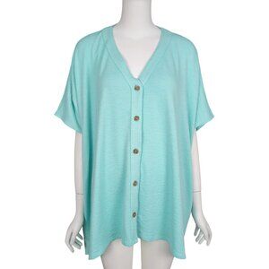SOFT SURROUNDINGS Top S/M Blue Oversized Boxy Drape Button Up V-Neck Stretch
